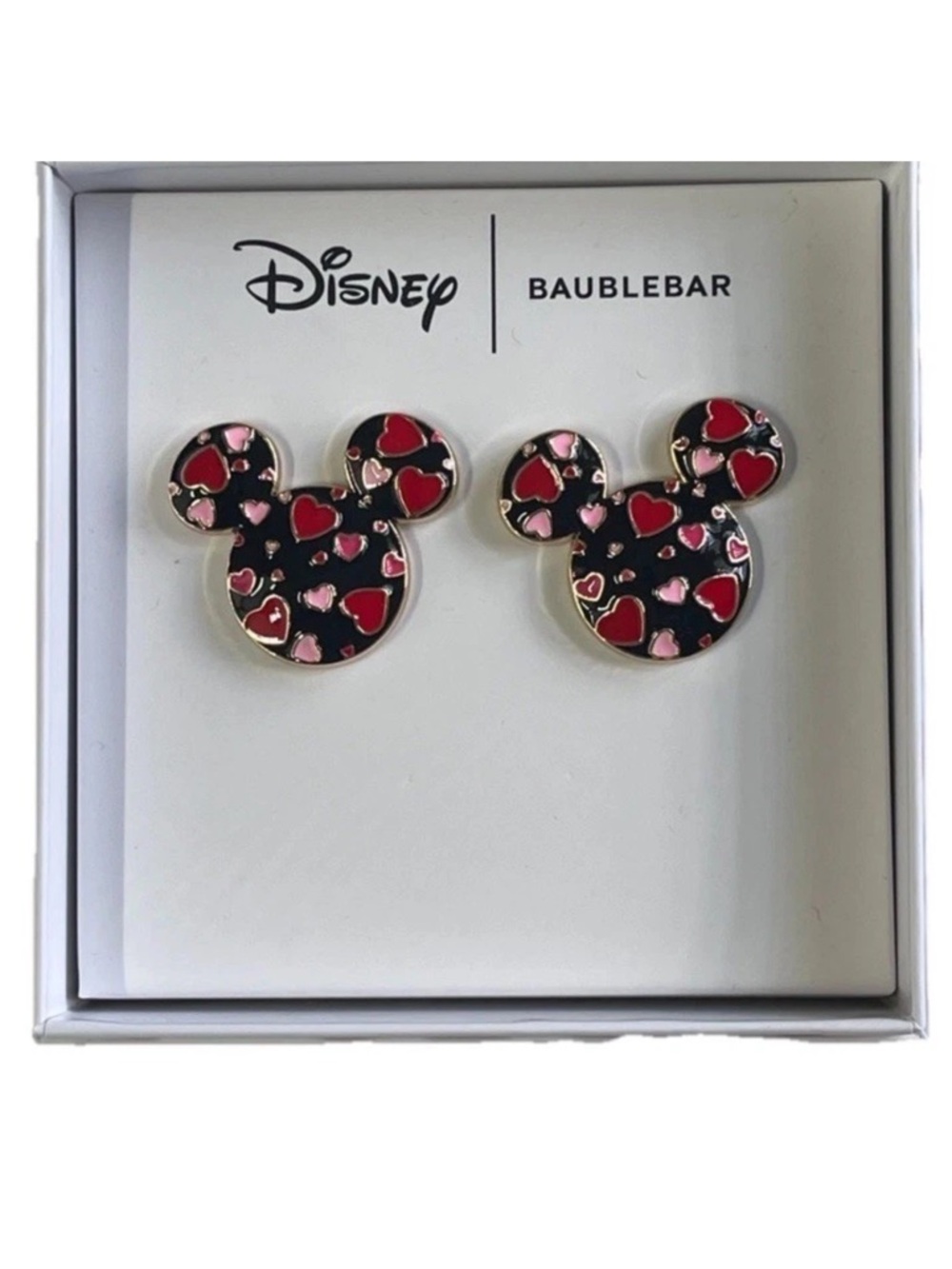 Disney BaubleBar Mickey Mouse Valentines Heart Print Stud Earrings Red Pink Gold